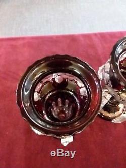 Bohemian Lusters ruby red cut to clear glass pair candle holders or vases