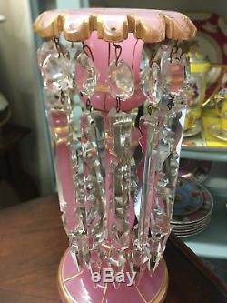 Bohemian Mantle Lustre Pink With Crystal Prisms Art Glass Candle Holder
