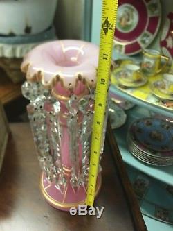 Bohemian Mantle Lustre Pink With Crystal Prisms Art Glass Candle Holder
