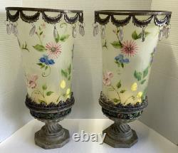 Bohemian Style Hand Painted Glass Candle Holders with Dangling Crystal Accents VTG