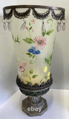Bohemian Style Hand Painted Glass Candle Holders with Dangling Crystal Accents VTG