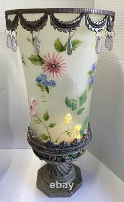 Bohemian Style Hand Painted Glass Candle Holders with Dangling Crystal Accents VTG