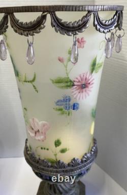 Bohemian Style Hand Painted Glass Candle Holders with Dangling Crystal Accents VTG