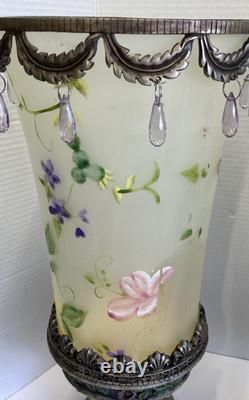Bohemian Style Hand Painted Glass Candle Holders with Dangling Crystal Accents VTG