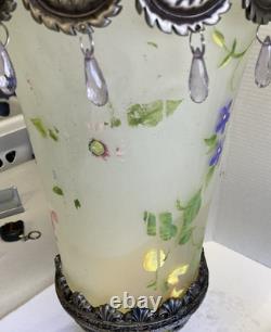 Bohemian Style Hand Painted Glass Candle Holders with Dangling Crystal Accents VTG