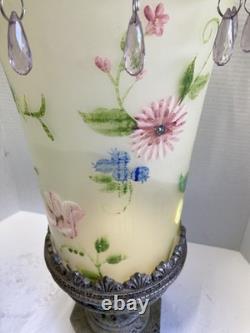 Bohemian Style Hand Painted Glass Candle Holders with Dangling Crystal Accents VTG