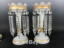 Bohemian Victorian French Opaline Art Glass Pair Lusters Prisms Mantle Lustres
