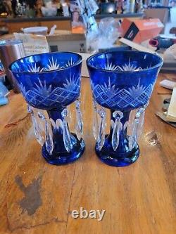 Bohemian art glass mantle luster pair, pineapple cut, cobalt Blue. Gorgeous. 2pk