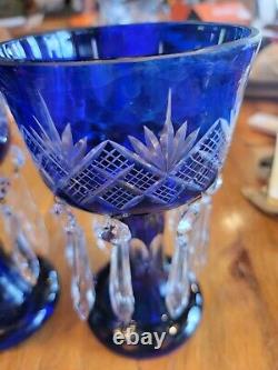 Bohemian art glass mantle luster pair, pineapple cut, cobalt Blue. Gorgeous. 2pk