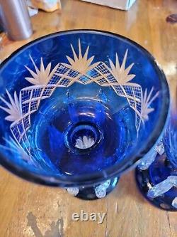 Bohemian art glass mantle luster pair, pineapple cut, cobalt Blue. Gorgeous. 2pk