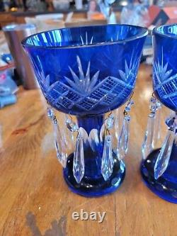 Bohemian art glass mantle luster pair, pineapple cut, cobalt Blue. Gorgeous. 2pk