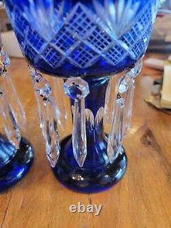 Bohemian art glass mantle luster pair, pineapple cut, cobalt Blue. Gorgeous. 2pk