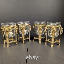 Brass Lion Votive Holders Set 4 Crackle Glass Hollywood Regency Candleholders