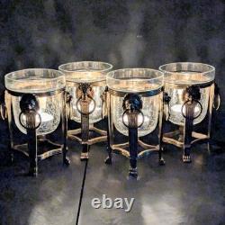 Brass Lion Votive Holders Set 4 Crackle Glass Hollywood Regency Candleholders