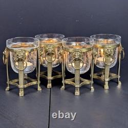 Brass Lion Votive Holders Set 4 Crackle Glass Hollywood Regency Candleholders