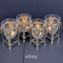 Brass Lion Votive Holders Set 4 Crackle Glass Hollywood Regency Candleholders