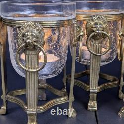 Brass Lion Votive Holders Set 4 Crackle Glass Hollywood Regency Candleholders
