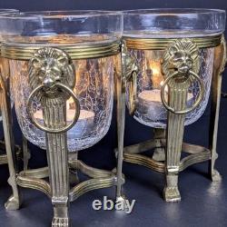 Brass Lion Votive Holders Set 4 Crackle Glass Hollywood Regency Candleholders