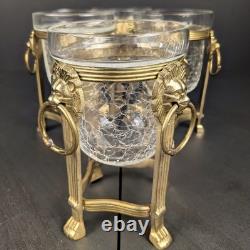 Brass Lion Votive Holders Set 4 Crackle Glass Hollywood Regency Candleholders