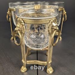 Brass Lion Votive Holders Set 4 Crackle Glass Hollywood Regency Candleholders