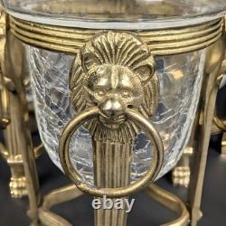 Brass Lion Votive Holders Set 4 Crackle Glass Hollywood Regency Candleholders