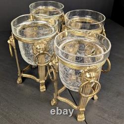 Brass Lion Votive Holders Set 4 Crackle Glass Hollywood Regency Candleholders