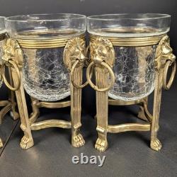 Brass Lion Votive Holders Set 4 Crackle Glass Hollywood Regency Candleholders