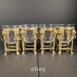 Brass Lion Votive Holders Set 4 Crackle Glass Hollywood Regency Candleholders
