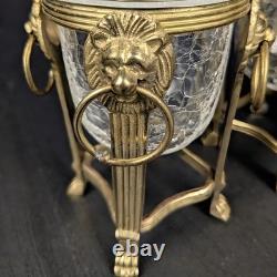 Brass Lion Votive Holders Set 4 Crackle Glass Hollywood Regency Candleholders