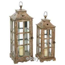 Brown Wood Lighthouse Style Decorative Candle Lantern (Set of 2)