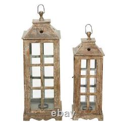 Brown Wood Lighthouse Style Decorative Candle Lantern (Set of 2)