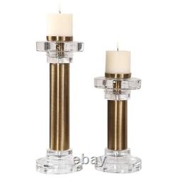 Brushed Brass & Chunky Glass Pillar Candle Holders S/2