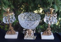 C 1890s Figural Girandole Candelabra Centerpiece Bowl Marble Base Crystal Prisms