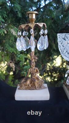 C 1890s Figural Girandole Candelabra Centerpiece Bowl Marble Base Crystal Prisms
