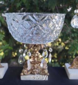 C 1890s Figural Girandole Candelabra Centerpiece Bowl Marble Base Crystal Prisms