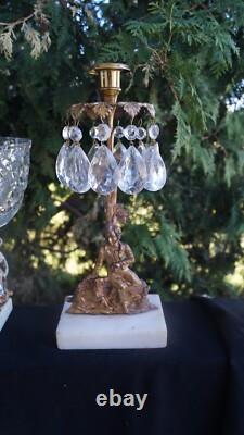C 1890s Figural Girandole Candelabra Centerpiece Bowl Marble Base Crystal Prisms