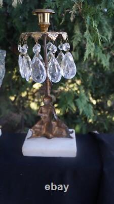 C 1890s Figural Girandole Candelabra Centerpiece Bowl Marble Base Crystal Prisms