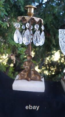 C 1890s Figural Girandole Candelabra Centerpiece Bowl Marble Base Crystal Prisms