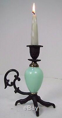 CHICKENS CLAW FOOT Chamberstick Figural Candlestick Cast Iron Green Glass