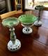 Czech Bohemian Bowl & 2 Candle Holders Cased Glass White To Green, 3 Pieces