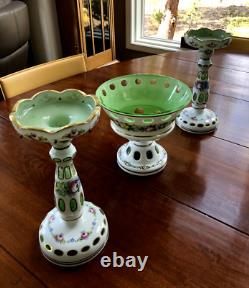 CZECH BOHEMIAN BOWL & 2 CANDLE HOLDERS Cased Glass white to green, 3 PIECES