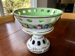 CZECH BOHEMIAN BOWL & 2 CANDLE HOLDERS Cased Glass white to green, 3 PIECES