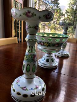 CZECH BOHEMIAN BOWL & 2 CANDLE HOLDERS Cased Glass white to green, 3 PIECES