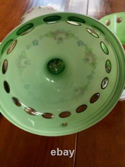 CZECH BOHEMIAN BOWL & 2 CANDLE HOLDERS Cased Glass white to green, 3 PIECES CZECH BOHEMIAN BOWL & 2 CANDLE HOLDERS Cased Glass white to green, 3 PIECES