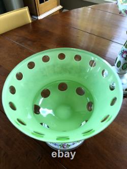 CZECH BOHEMIAN BOWL & 2 CANDLE HOLDERS Cased Glass white to green, 3 PIECES