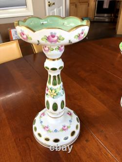 CZECH BOHEMIAN BOWL & 2 CANDLE HOLDERS Cased Glass white to green, 3 PIECES