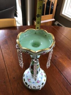 CZECH BOHEMIAN BOWL & 2 CANDLE HOLDERS Cased Glass white to green, 3 PIECES
