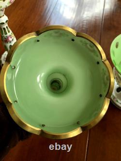 CZECH BOHEMIAN BOWL & 2 CANDLE HOLDERS Cased Glass white to green, 3 PIECES
