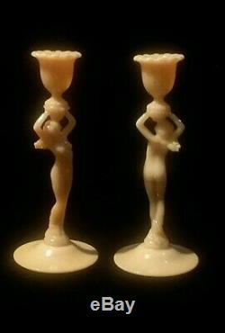 Cambridge Crown Tuscan Pink Opaline Glass Art Deco Nude Candle Holder Pair