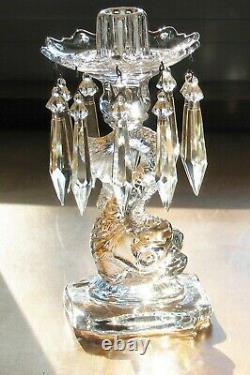 Cambridge Glass Crystal Clear 18 inch Dolphin Candlesticks with Hurricanes/Prisms